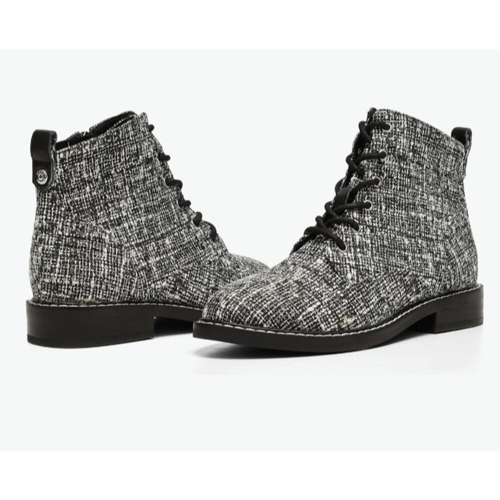 NYDJ Eileen Lace Up Boots Women's 11M Black Tweed Combat Ankle Booties Side Zip